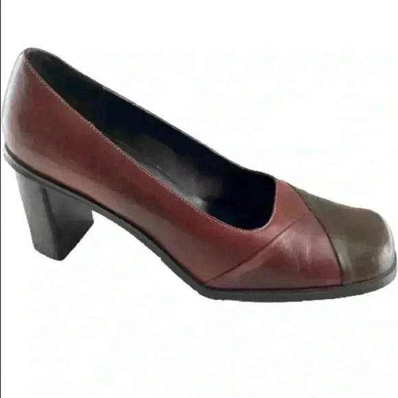 LUCA FERRI VINTAGE LEATHER BLOCK HEEL SQUARE TOE BROWN  BURGUNDY SHOES SIZE 9M - Picture 2 of 13